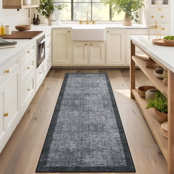 Garvee 2'x6' Modern Border Runner Rug Solid Neutral Rug, Washable Non Slip Soft Accent Carpet for Hallway Bedroom Home Decor, Dark Gray