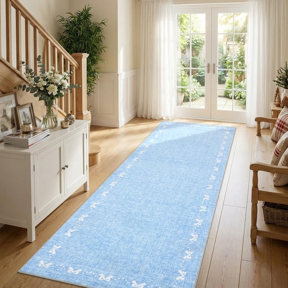 Garvee 2'x6' Modern Bordered Bow Runner Rug Solid Washable Rug, Soft Non Slip Low Pile Indoor Mat for Hallway Bedroom Kitchen, Blue