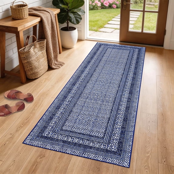 Garvee 2'x6' Modern Bordered Runner Rug Geometric Braided Printed Carpet, Washable Non Slip Rug Soft Low Pile Indoor Mats for Hallway Bedroom Kitchen, Dark Blue