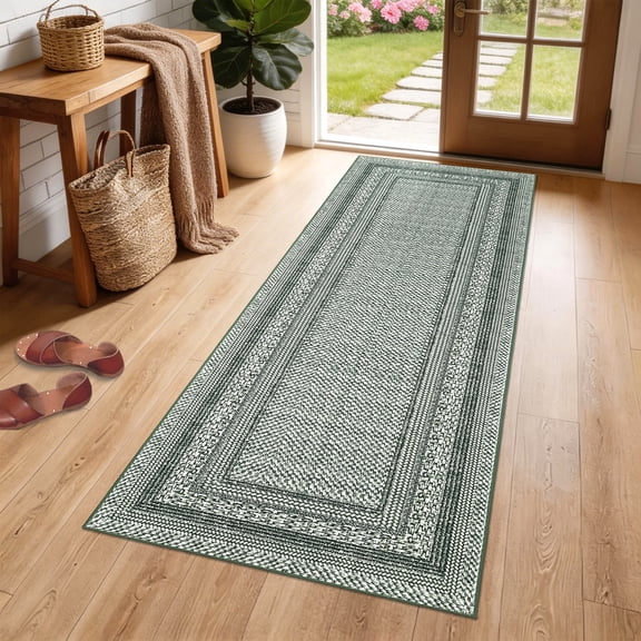 Garvee 2'x6' Modern Bordered Runner Rug Geometric Braided Printed Carpet, Washable Non Slip Rug Soft Low Pile Indoor Mats for Hallway Bedroom Kitchen, Green