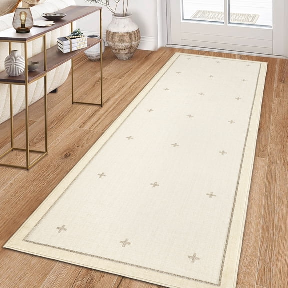 Garvee 2'x6' Modern Bordered Runner Rug Geometric Carpet with Non Slip Backing, Contemporary Cross Motifs Dot Rug Washable Rug for Hallway Bedroom Kitchen, Beige