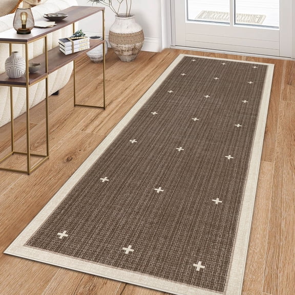 Garvee 2'x6' Modern Bordered Runner Rug Geometric Carpet with Non Slip Backing, Contemporary Cross Motifs Dot Rug Washable Rug for Hallway Bedroom Kitchen, Brown Coffee