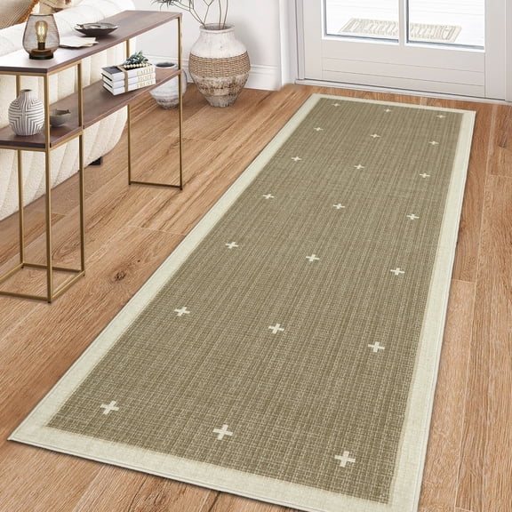 Garvee 2'x6' Modern Bordered Runner Rug Geometric Carpet with Non Slip Backing, Contemporary Cross Motifs Dot Rug Washable Rug for Hallway Bedroom Kitchen, Yellow Brown