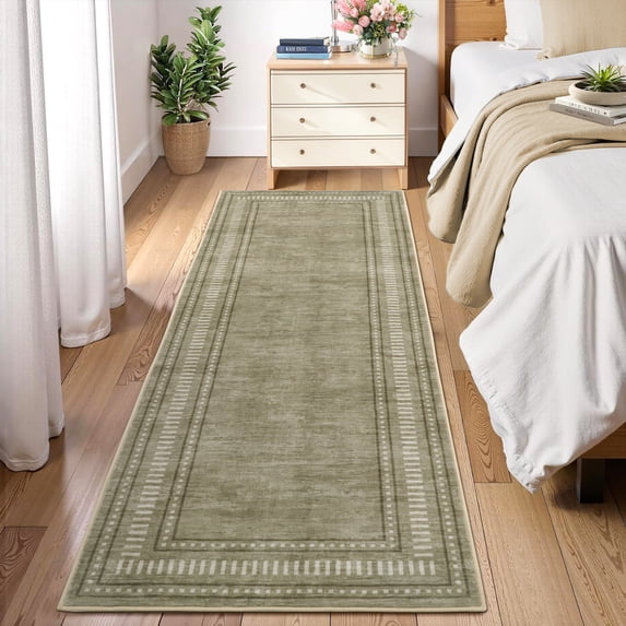 Garvee 2'x6' Modern Bordered Runner Rug Geometric Carpet, Washable Non Slip Rug for Hallway Bedroom Home Decor, Green