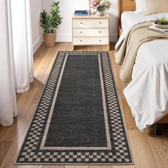 Garvee 2'x6' Modern Bordered Runner Rugs Checkered Rug for Hallway Bedroom, Washable Low Pile Rug Stain Resistant Indoor Carpet, Black