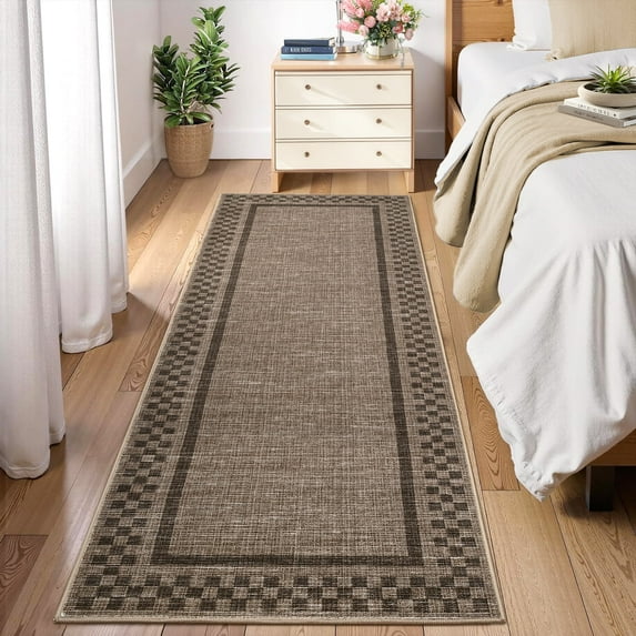Garvee 2'x6' Modern Bordered Runner Rugs Checkered Rug for Hallway Bedroom, Washable Low Pile Rug Stain Resistant Indoor Carpet, Brown