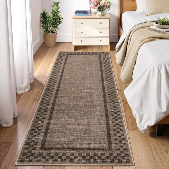 Garvee 2'x6' Modern Bordered Runner Rugs Checkered Rug for Hallway Bedroom, Washable Low Pile Rug Stain Resistant Indoor Carpet, Brown