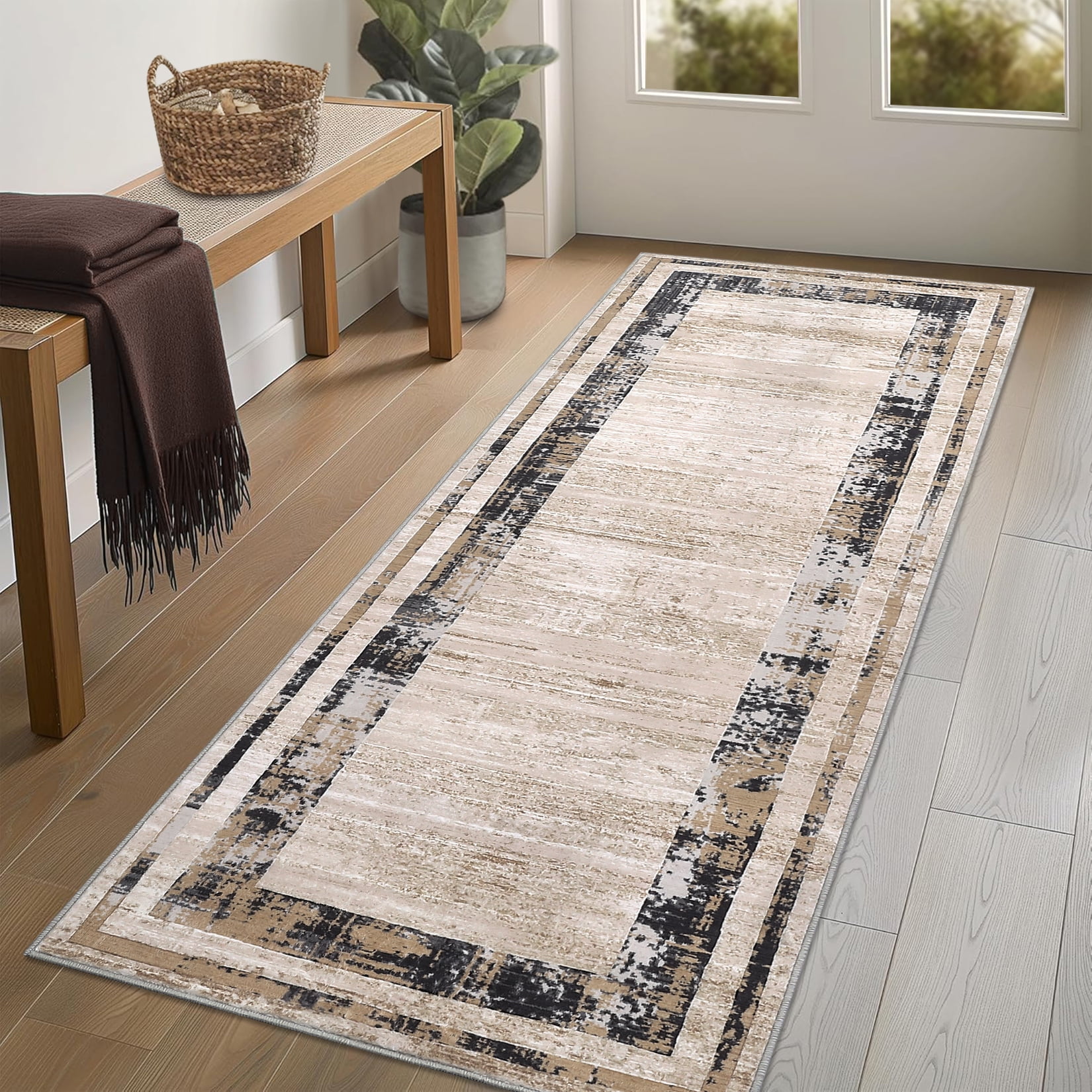 Boardered Tile Rug Garvee 2'x6' Modern Bordered Runner Rugs, Machine Washable Non Slip ...