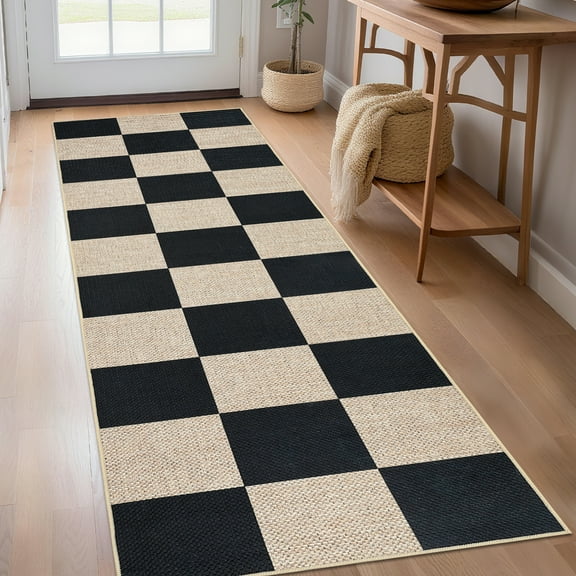Garvee 2'x6' Modern Checkered Runner Rug Easy Jute Carpet, Non Slip Non Shedding Washable Rug Farmhouse Floor Cover for Hallway Bedroom Kitchen, Black White