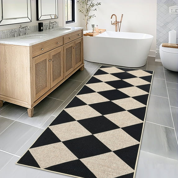 Garvee 2'x6' Modern Checkered Runner Rug Washable Geometric Carpet, Contemporary Accent Rug Non Slip Low Pile Indoor Outdoor Floor Mats for Bedroom Hallway Kitchen, Black and White