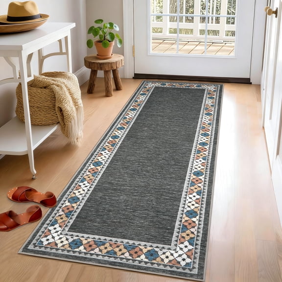 Garvee 2'x6' Modern Floral Border Runner Rug Soft Tribal Edge Accent Carpet, Washable Non Slip Floor Mat for Entryway Bedroom Hallway, Dark Gray