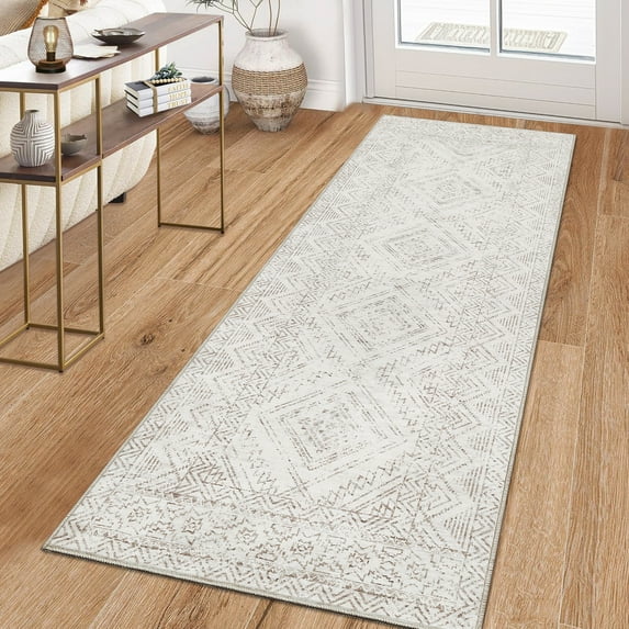 Garvee 2'x6' Modern Geometric Runner Rug Washable Distressed Accent Carpet, Non Slip Rug Ultra-Soft Contemporary Indoor Floor Mat for Hallway Bedroom Kitchen, White