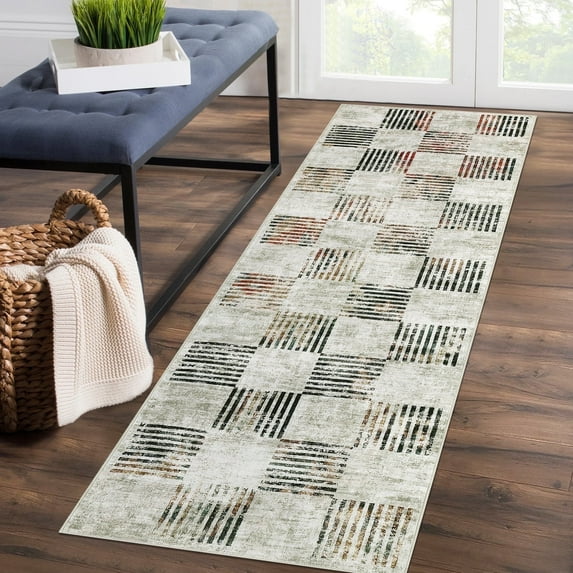 Garvee 2'x6' Modern Runner Rug, Machine Washable Rugs Soft Neutral Indoor Carpet for Hallway Kitchen Entryway,Low Pile Non-Slip Rugs,Beige
