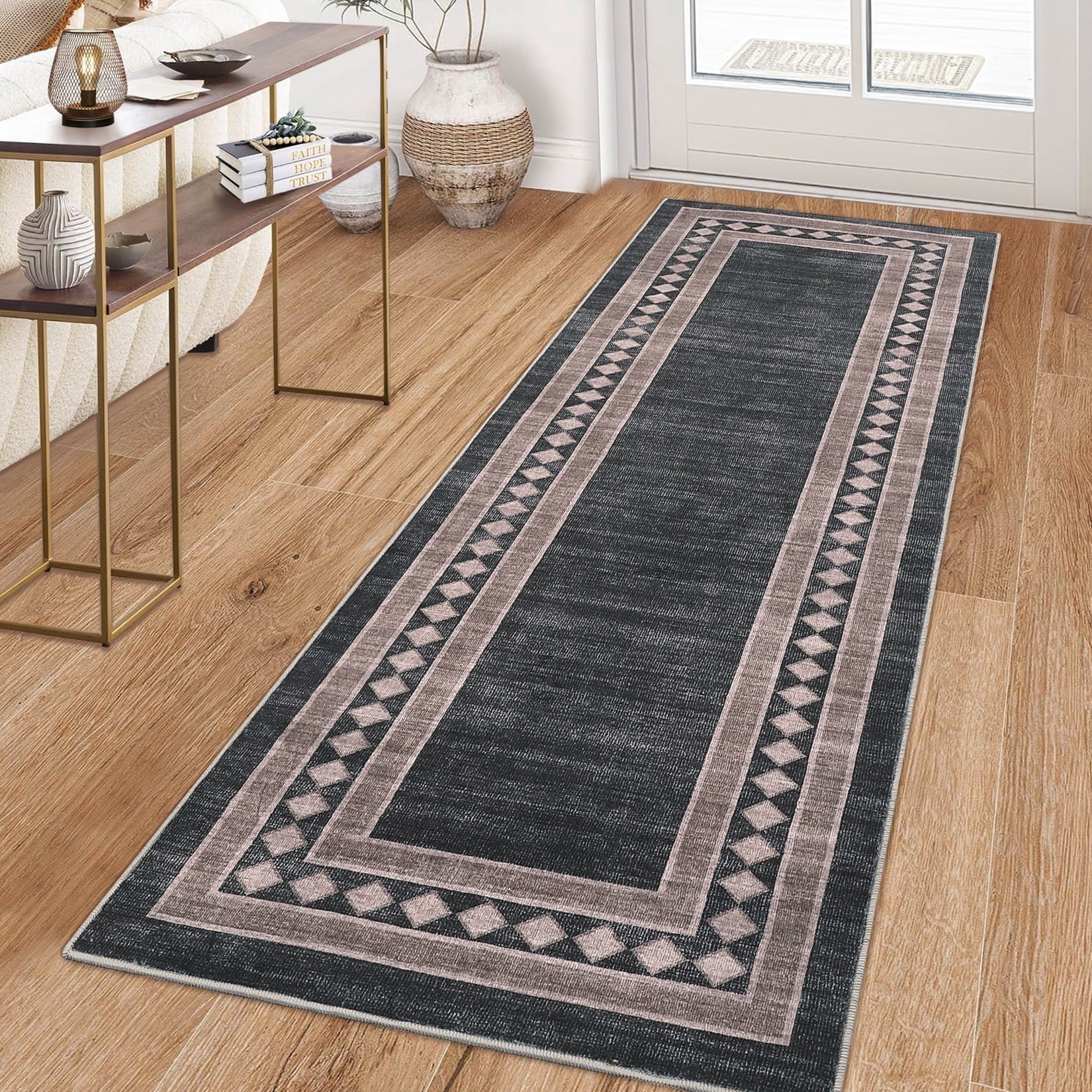 Garvee 2'x6' Modern Runner Rug Solid Bordered Rugs, Washable Geometric Neutral Accent Carpet with Non-Slip Backing, Low Pile Stain-Resistant Rug for Entryway Laundry Bathroom Bedside, Black Brown