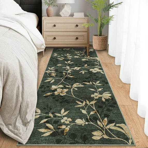 Garvee 2'x6' Modern Runner Rug Washable Floral Accent Carpet with Non-Slip Backing, Stain-Resistant Soft Rugs Low Pile Floor Mats, Botanical Print Rug for for Entryway, Hallway, Kitchen, Green