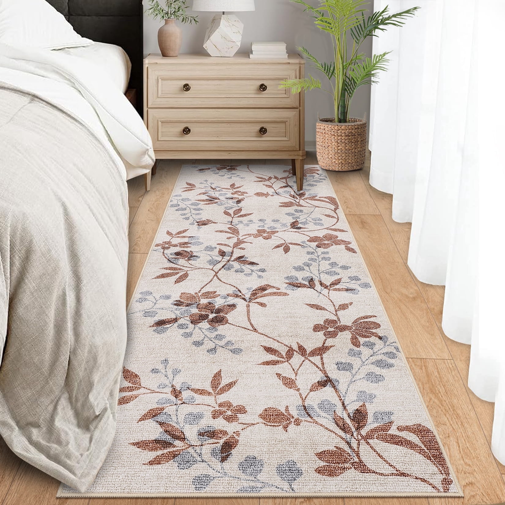 Garvee 2'x6' Modern Runner Rug Washable Floral Accent Carpet with Non-Slip Backing, Stain-Resistant Soft Rugs Low Pile Floor Mats, Botanical Print Rug for for Entryway, Hallway, Kitchen, Beige