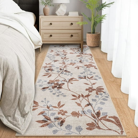 Garvee 2'x6' Modern Runner Rug Washable Floral Accent Carpet with Non-Slip Backing, Stain-Resistant Soft Rugs Low Pile Floor Mats, Botanical Print Rug for for Entryway, Hallway, Kitchen, Beige