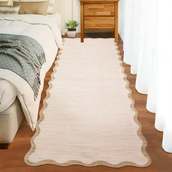 Garvee 2'x6' Modern Scalloped Runner Rug Washable Rug with Non Slip Backing, Neutral Farmhouse Soft Low Pile Carpet for Hallway Bedroom Home Office, Beige
