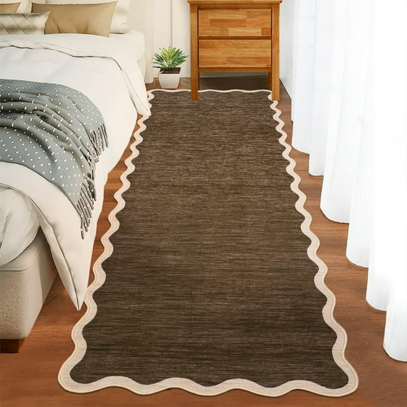 Garvee 2'x6' Modern Scalloped Runner Rug Washable Rug with Non Slip Backing, Neutral Farmhouse Soft Low Pile Carpet for Hallway Bedroom Home Office, Brown