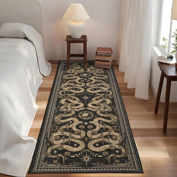 Garvee 2'x6' Modern Snake Printed Runner Rug Washable Kitchen Rug, Forest Low Pile Stain Resistant Rug Non Slip Carpet for Bedroom Laundry Room Entryway, Dark Gray