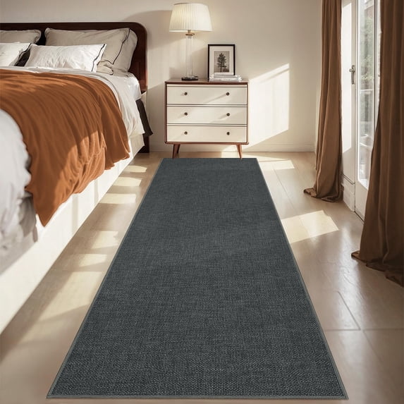 Garvee 2'x6' Modern Solid Color Runner Rug Minimalist Woven Textured Carpet, Washable Rug Non Slip Low Pile Indoor Mats for Hallway Bedroom Kitchen, Black Gray
