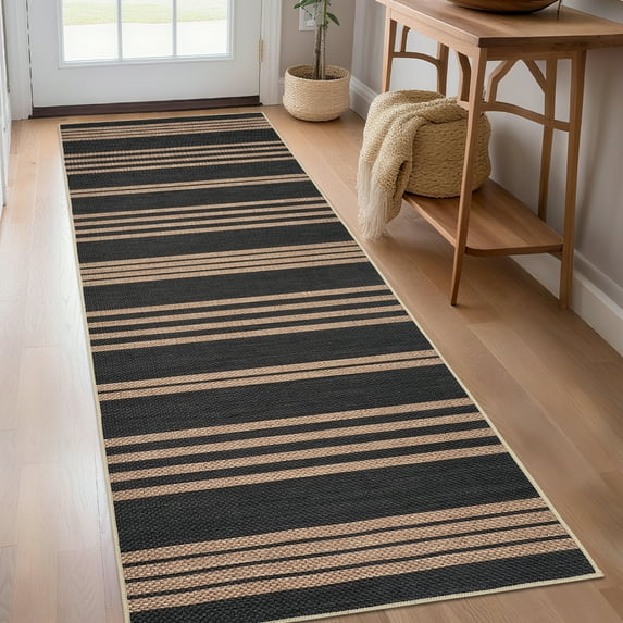 Garvee 2'x6' Modern Striped Runner Rugs Easy Jute Rug with Non-Slip Backing, Washable Rug Neutral Print Indoor Outdoor Carpet for Bedroom Hallway Patio, Black Coffee