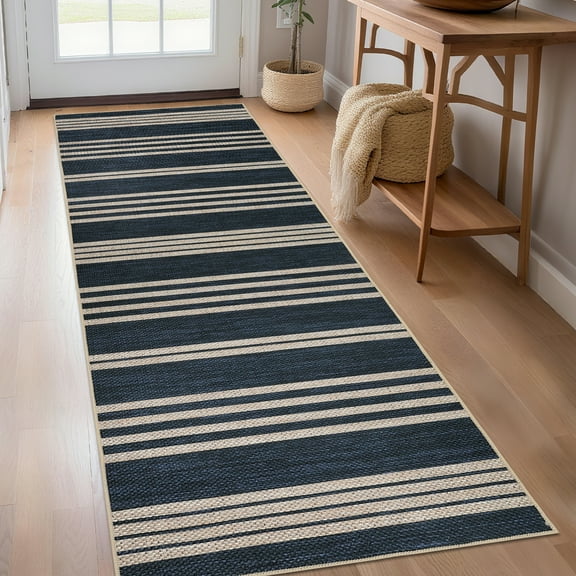 Garvee 2'x6' Modern Striped Runner Rugs Easy Jute Rug with Non-Slip Backing, Washable Rug Neutral Print Indoor Outdoor Carpet for Bedroom Hallway Patio, Navy Blue