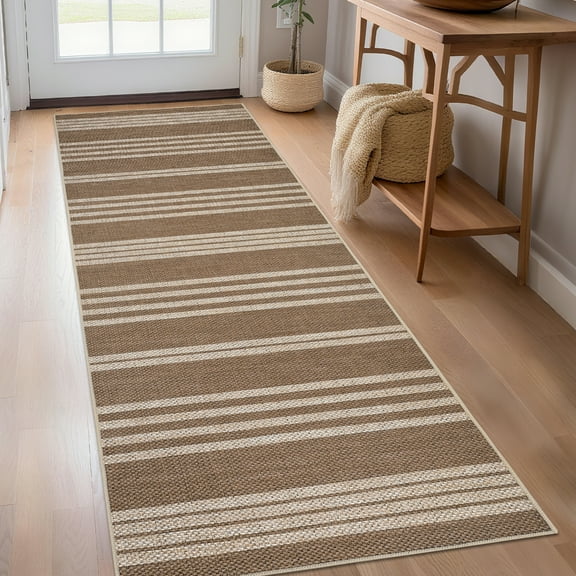 Garvee 2'x6' Modern Striped Runner Rugs Easy Jute Rug with Non-Slip Backing, Washable Rug Neutral Print Indoor Outdoor Carpet for Bedroom Hallway Patio, White Coffee
