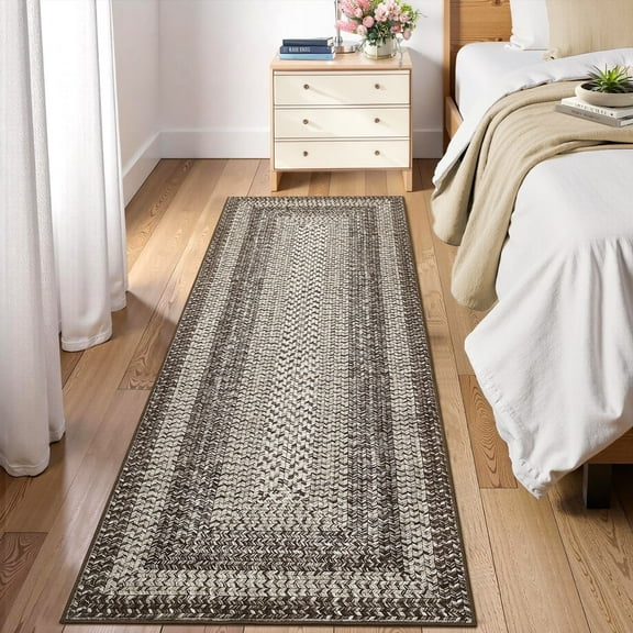 Garvee 2'x6' Printed Braided Runner Rugs Farmhouse Bordered Carpet, Machine Washable Indoor Area Rug Non-Slip Low Pile Rugs for Hallway Bedroom Kitchen Entryway, Camel