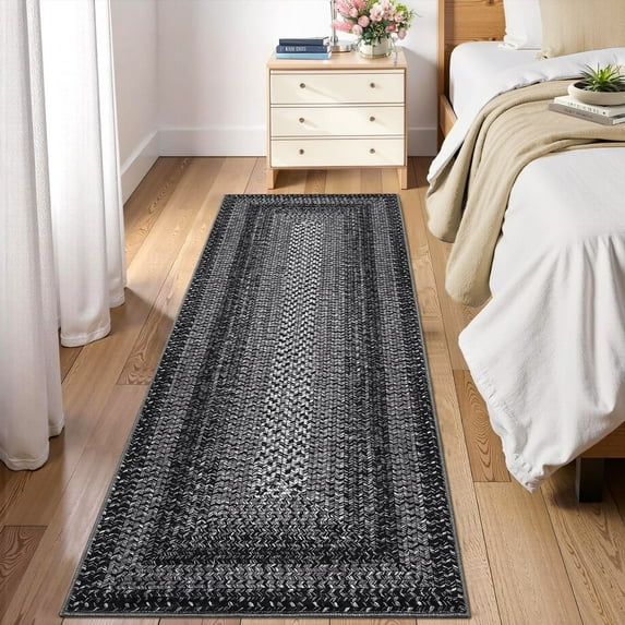 Garvee 2'x6' Printed Braided Runner Rugs Farmhouse Bordered Carpet, Machine Washable Indoor Area Rug Non-Slip Low Pile Rugs for Hallway Bedroom Kitchen Entryway, Black