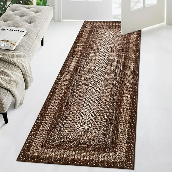 Garvee 2'x6' Runner Rug Braided Print Runner Rug Machine Washable Non Slip Bedroom Runner Rugs for Kitchen Hallway Laundry Room, Brown