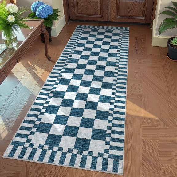 Garvee 2'x6' Runner Rug Checkered Area Rugs, Modern Geometric Rug Washable Non-Slip Low Pile Indoor Carpet for Hallway Bedroom Kitchen, Blue