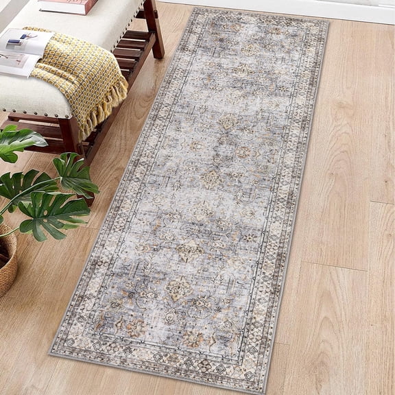 Garvee 2'x6' Runner Rug Floral Distressed Long Runners Vintage Oriental Runners Indoor Non-Slip Bedsides Rug Runner for Laundry Room, Light Gray Blue
