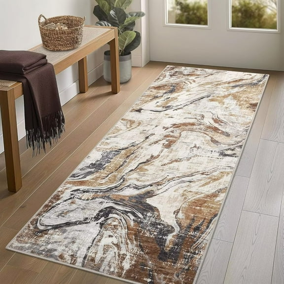 Garvee 2'x6' Runner Rug Modern Abstract Rug Washable Non-Slip Bedroom Rugs for Kitchen Hallway, Brown