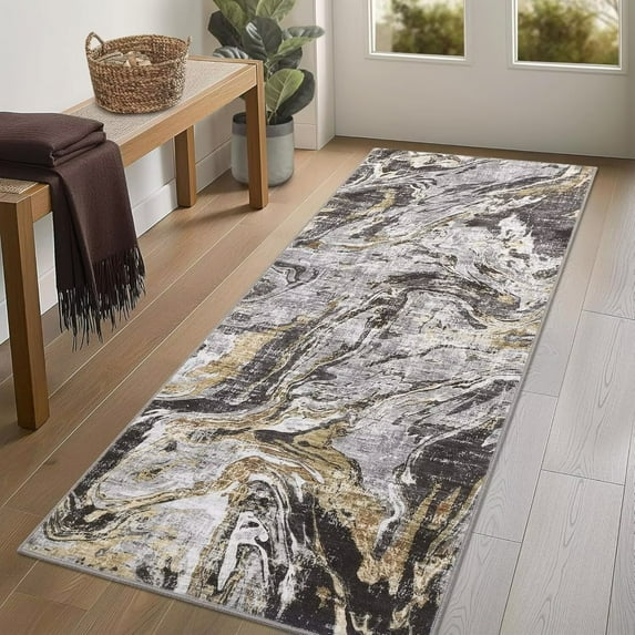 Garvee 2'x6' Runner Rug Modern Abstract Rug Washable Non-Slip Bedroom Rugs for Kitchen Hallway, Gray