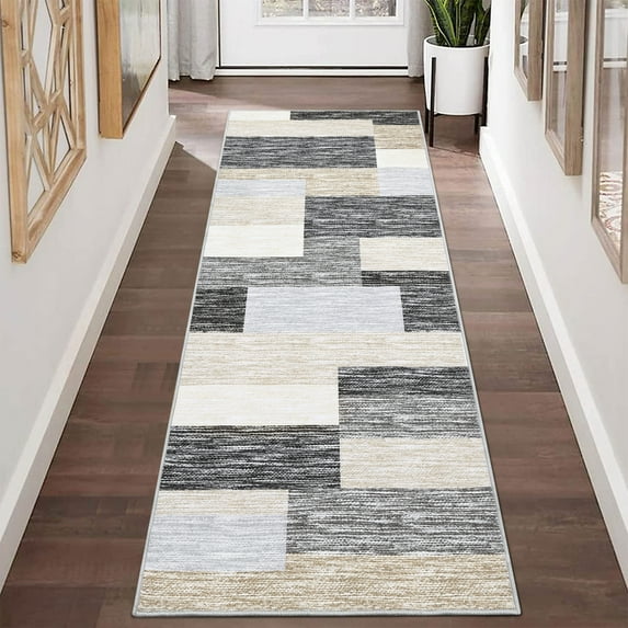 Garvee 2'x6' Runner Rug Modern Geometric Rug Runners Non-Slip Bedroom Rugs for Laundry Room Kitchen, Gray Camel
