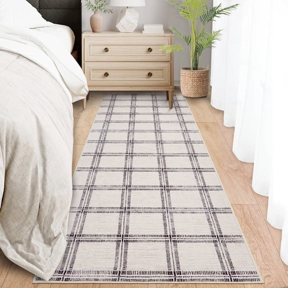 Garvee 2'x6' Runner Rug Modern Striped Geometric Carpet, Washsble Plaid Rug Non Slip Stain Resistant Indoor Floor Mats for Hallway Bedroom Kitchen, Beige