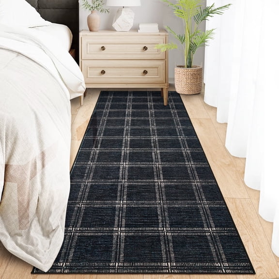 Garvee 2'x6' Runner Rug Modern Striped Geometric Carpet, Washsble Plaid Rug Non Slip Stain Resistant Indoor Floor Mats for Hallway Bedroom Kitchen, Black