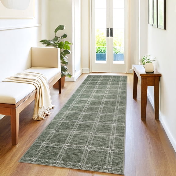 Garvee 2'x6' Runner Rug Modern Striped Geometric Carpet, Washsble Plaid Rug Non Slip Stain Resistant Indoor Floor Mats for Hallway Bedroom Kitchen, Green