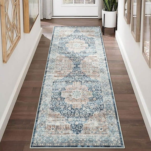 Garvee 2'x6' Runner Rug Vintage Area Rug ,Washable Rugs Foldable Traditional Boho Carpet Non Slip Soft Rug for Hallway,Living Room,Entryway,Bedroom,Blue