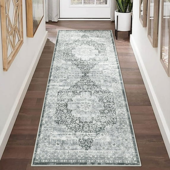 Garvee 2'x6' Runner Rug Vintage Area Rug ,Washable Rugs Foldable Traditional Boho Carpet Non Slip Soft Rug for Hallway,Living Room,Entryway,Bedroom,Gray