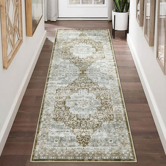 Garvee 2'x6' Runner Rug Vintage Area Rug ,Washable Rugs Foldable Traditional Boho Carpet Non Slip Soft Rug for Hallway,Living Room,Entryway,Bedroom,Khaki