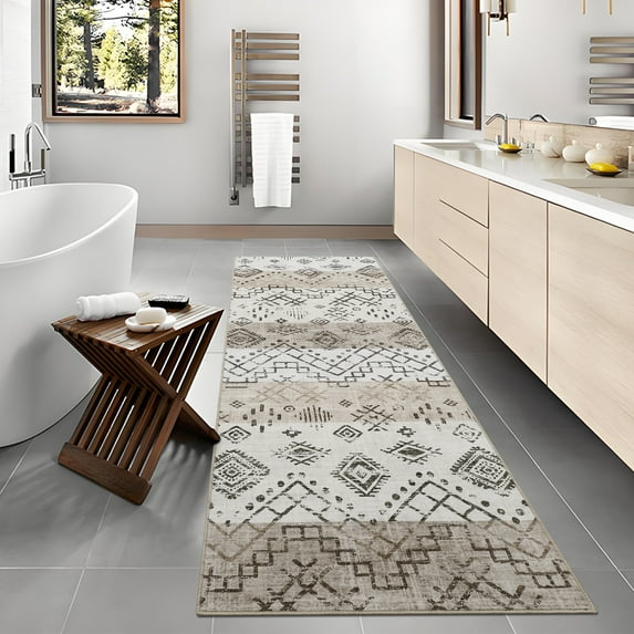 Garvee 2'x6' Runner Rug Vintage Boho Geometric Kitchen Rug Non Slip Bedroom Runner Rugs for Laundry Room, Beige Brown