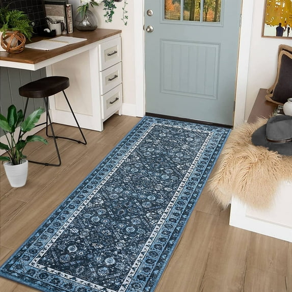 Garvee 2'x6' Runner Area Rug, Washable Persian Rug Vintage Boho Carpet Non Slip Soft Print Rug for Hallway Kitchen Entryway, Blue