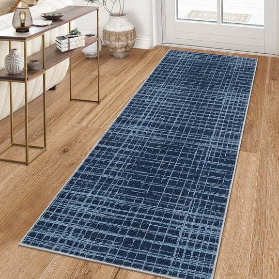 Garvee 2'x6' Runner Rug Washable Solid Rug, Modern Abstract Printed Carpet Anti-Slip Backing Contemporary Stripes Rugs for Entryway Bedroom Hallway Kitchen, Blue