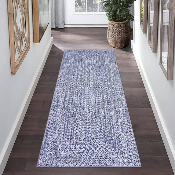 Garvee 2'x6' Runner Rugs Kitchen Entryway Braided Print Rugs, Machine Washable Non-Slip Low Pile Indoor Rugs for Hallway, Bedroom, Living Room, Light Blue