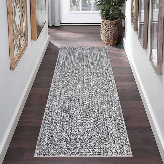 Garvee 2'x6' Runner Rugs Kitchen Entryway Braided Print Rugs, Machine Washable Non-Slip Low Pile Indoor Rugs for Hallway, Bedroom, Living Room, Gray