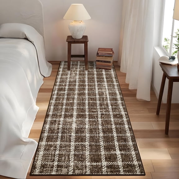 Garvee 2'x6' Runner Rugs Modern Plaid Rug, Washable Geometric Rug Stain-Resistant Non Slip Indoor Rug for Entryway Laundry Room Bedroom, Coffee
