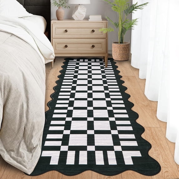 Garvee 2'x6' Scalloped Checkerboard Runner Rug Geometric Carpet, Machine Washable Rug Non Slip Indoor Floor Mats for Hallway Bedroom Kitchen, Black