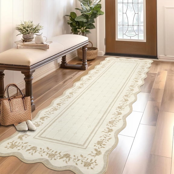 Garvee 2'x6' Scalloped Floral Rug Modern Farmhouse Carpet, Washable Rug with Non Slip Backing Soft Foldable Mat for Hallway Bedroom Kitchen, Apricot